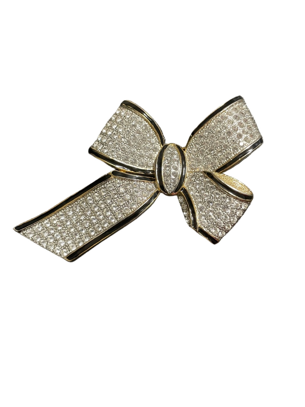 Vintage Pave Crystal Bow Brooch with Black Enamel